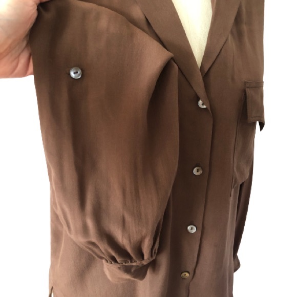 Vintage 100% Silk Button Up Safari Blouse Front Pockets Carole Little St Tropez - Picture 10 of 16